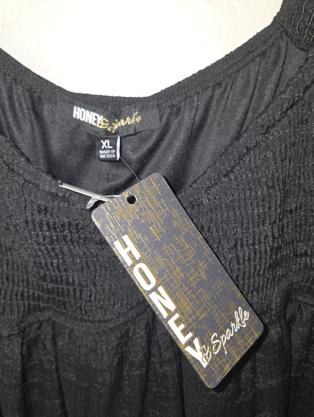 Honey & Sparkle Smocked V-Neck Long Puff Sleeve Top, Black - Picture 4 of 4